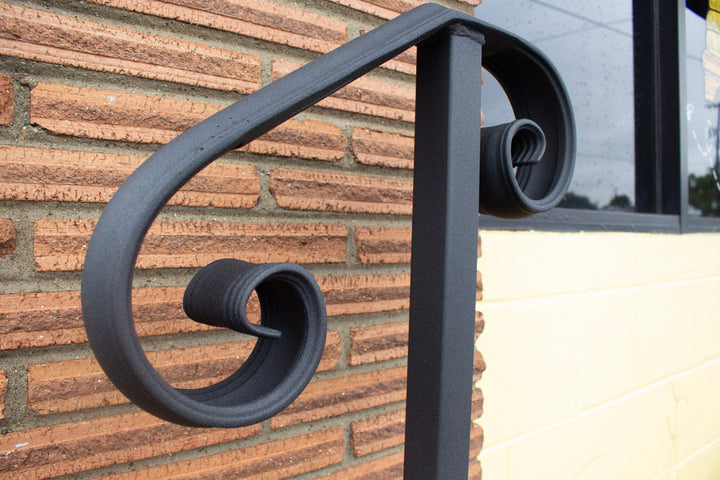 one step handrail
decorative stair railing
metal handrail for steps
black scroll handrail
powder coated outdoor railing
DIY porch rail
single step handrail
wrought iron look handrail
garage stair grab rail
metal railing kit