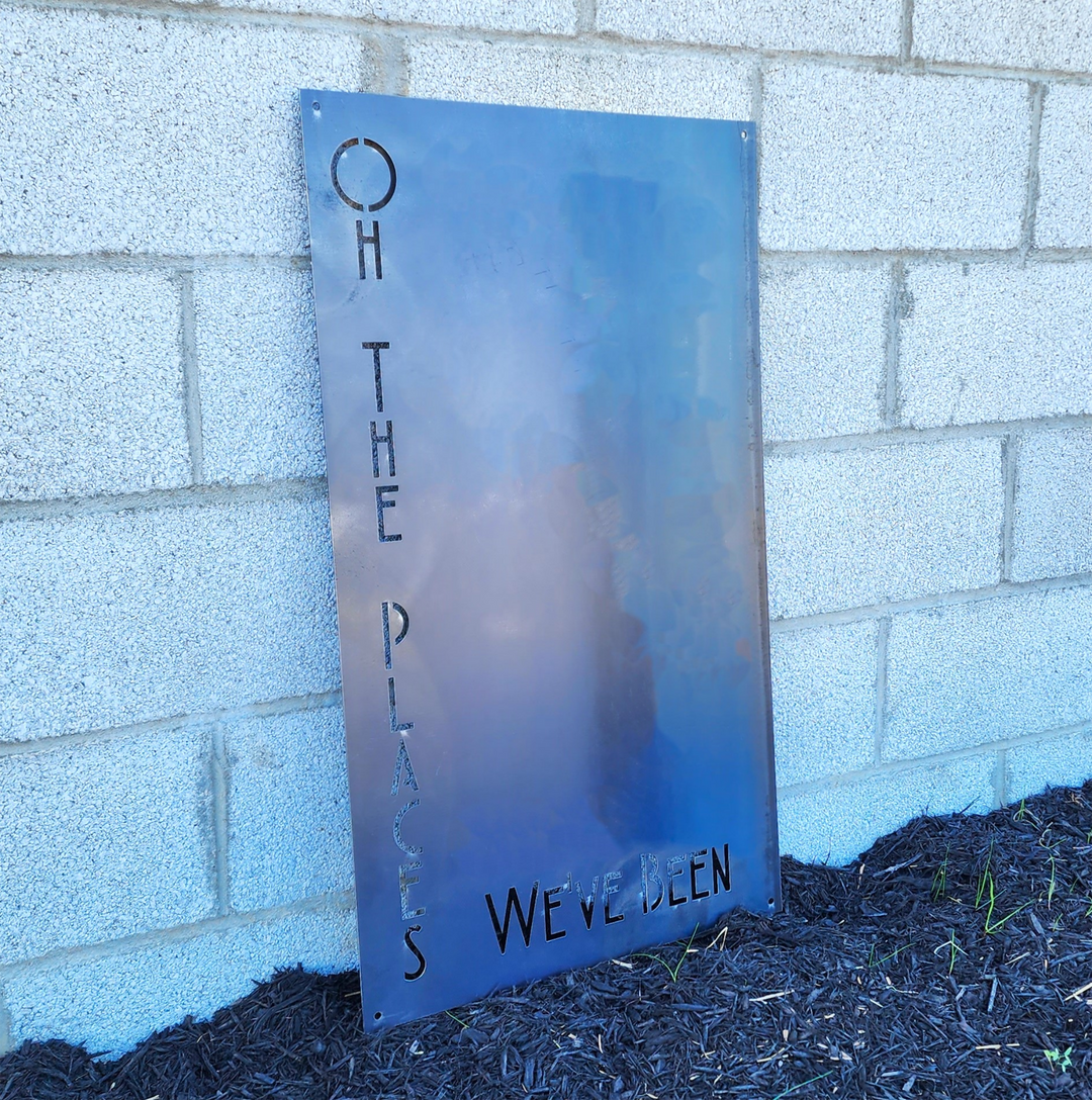 Oh the Places We’ve Been” metal magnet board – large raw steel travel display panel for magnets and photos