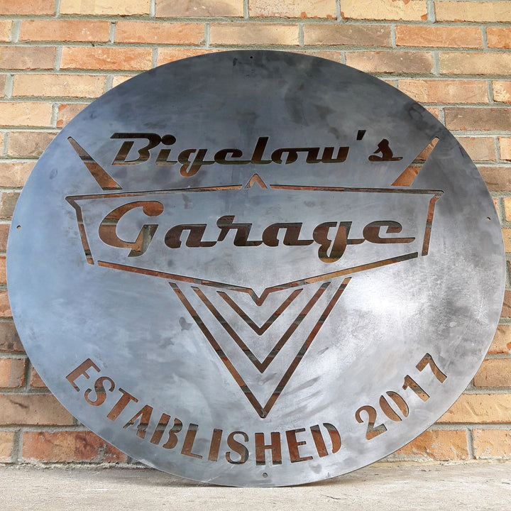Metal wall art garage sign personalized with name and date