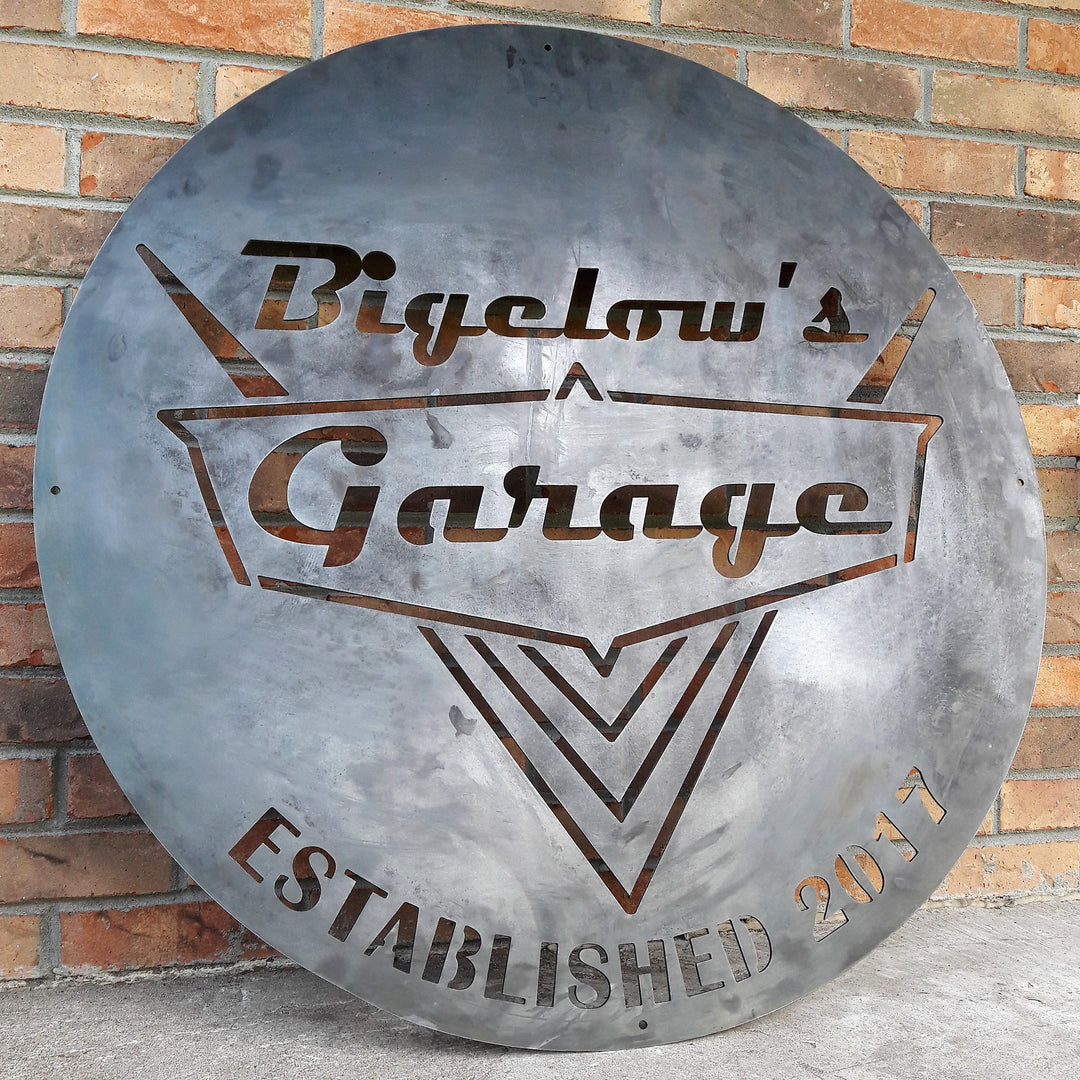 Personalized vintage 1950s garage sign in raw steel finish