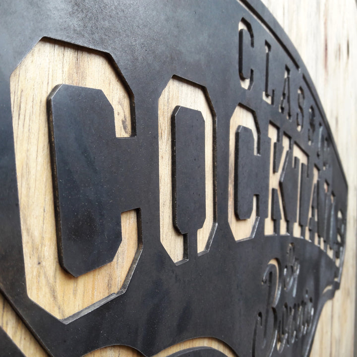 This metal bar sign reads, " Classic Cocktails By Bonnie"