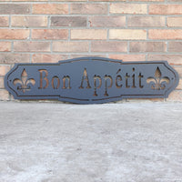 Thumbnail for French country, outdoor black powder coat, metal sign which reads, 