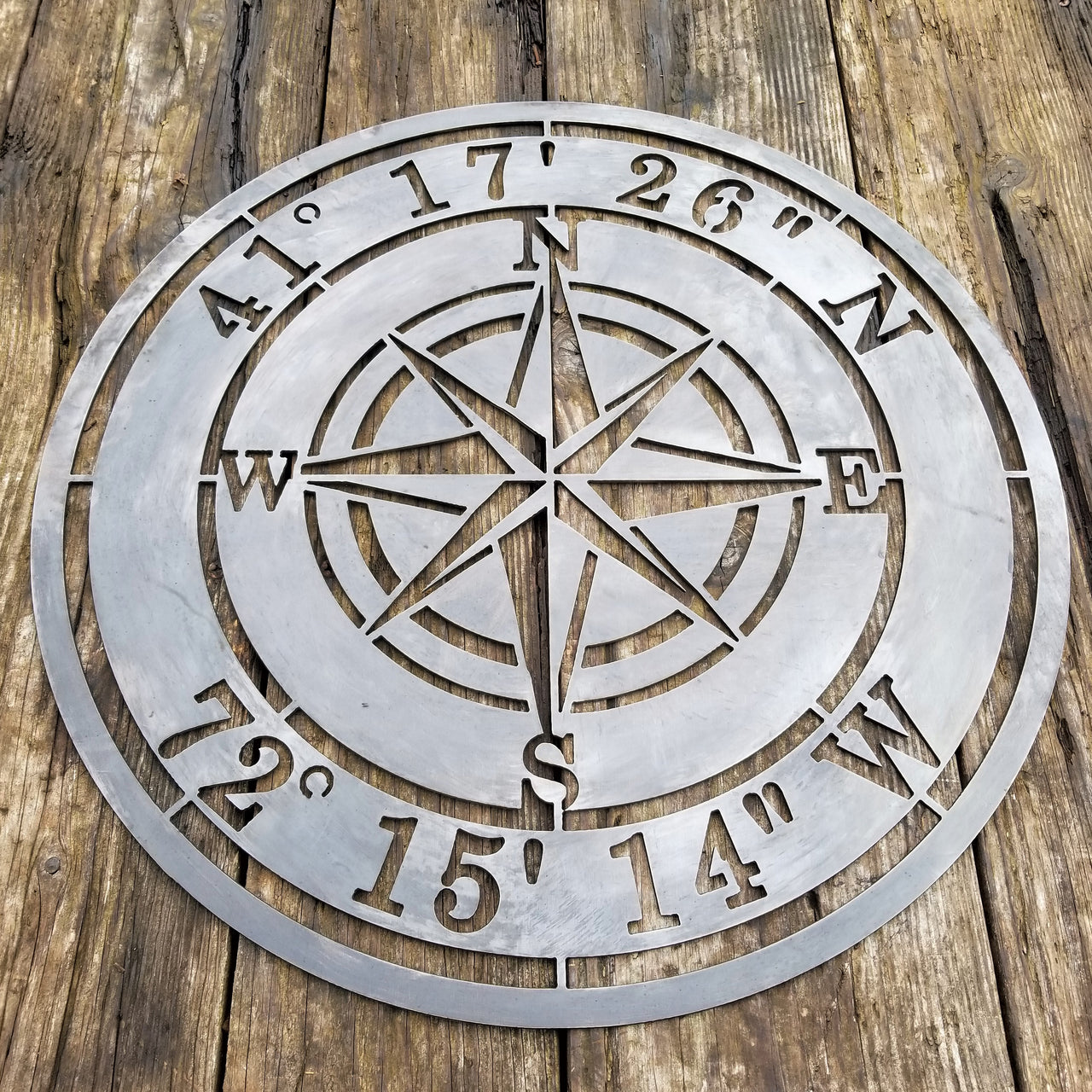 Personalized Compass Rose Metal Sign - Custom Coordinates - Nautical Address Wall Art
