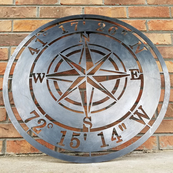 Round metal wall art with custom location coordinates