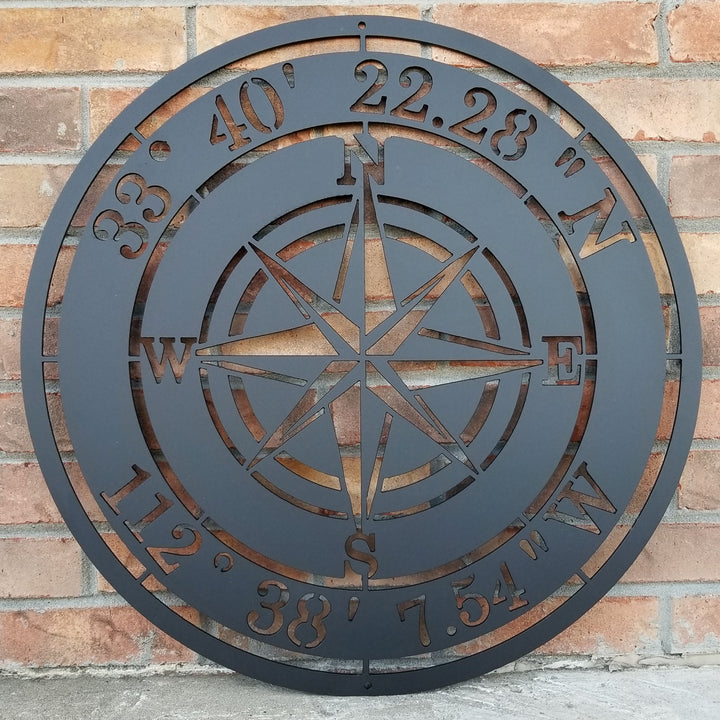 Outdoor black powder coated metal Compass Rose with coordinates