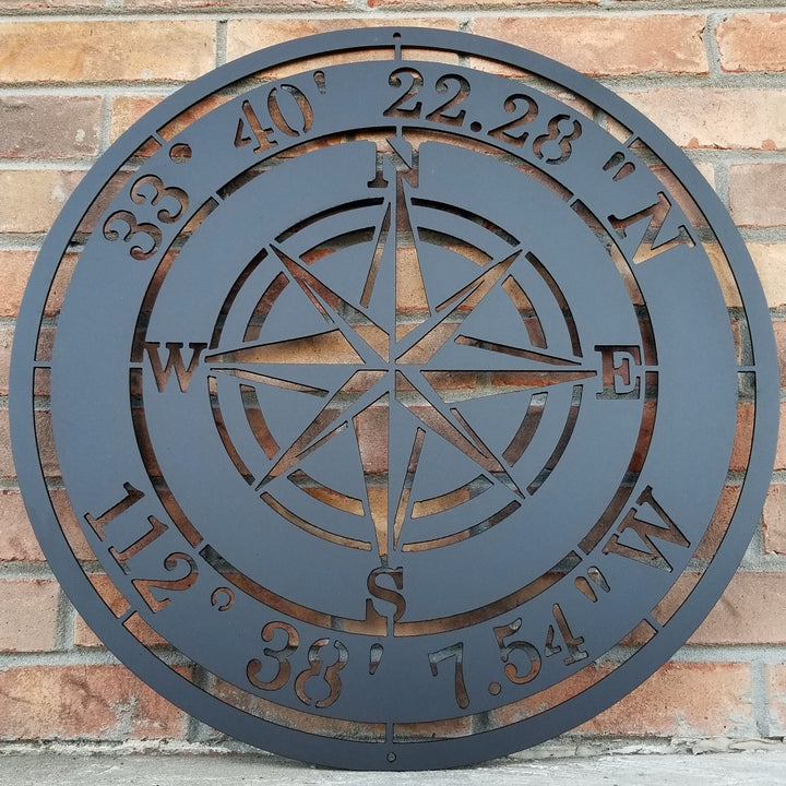 Outdoor black powder coated metal Compass Rose with coordinates