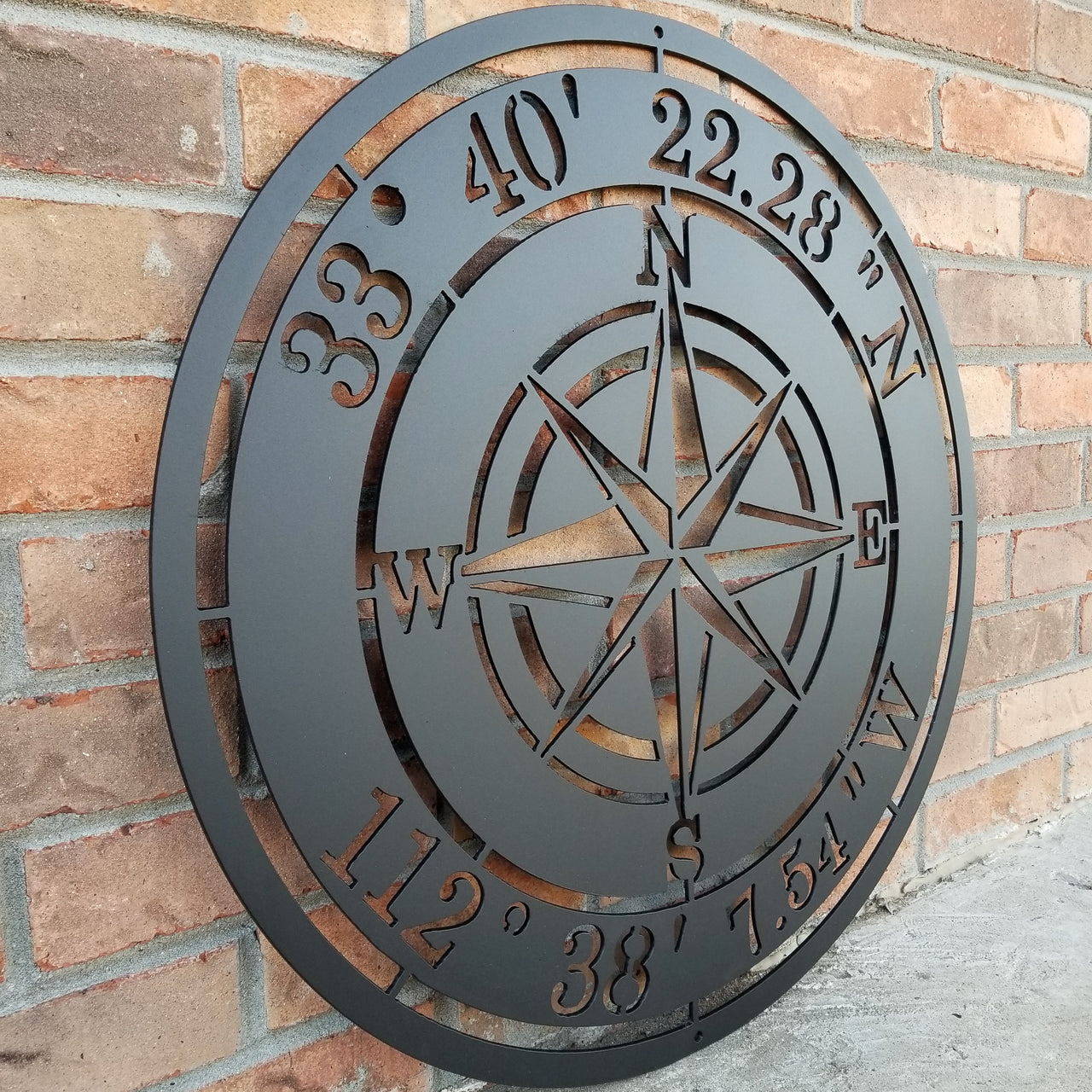Outdoor black powder coated metal Compass Rose with coordinates