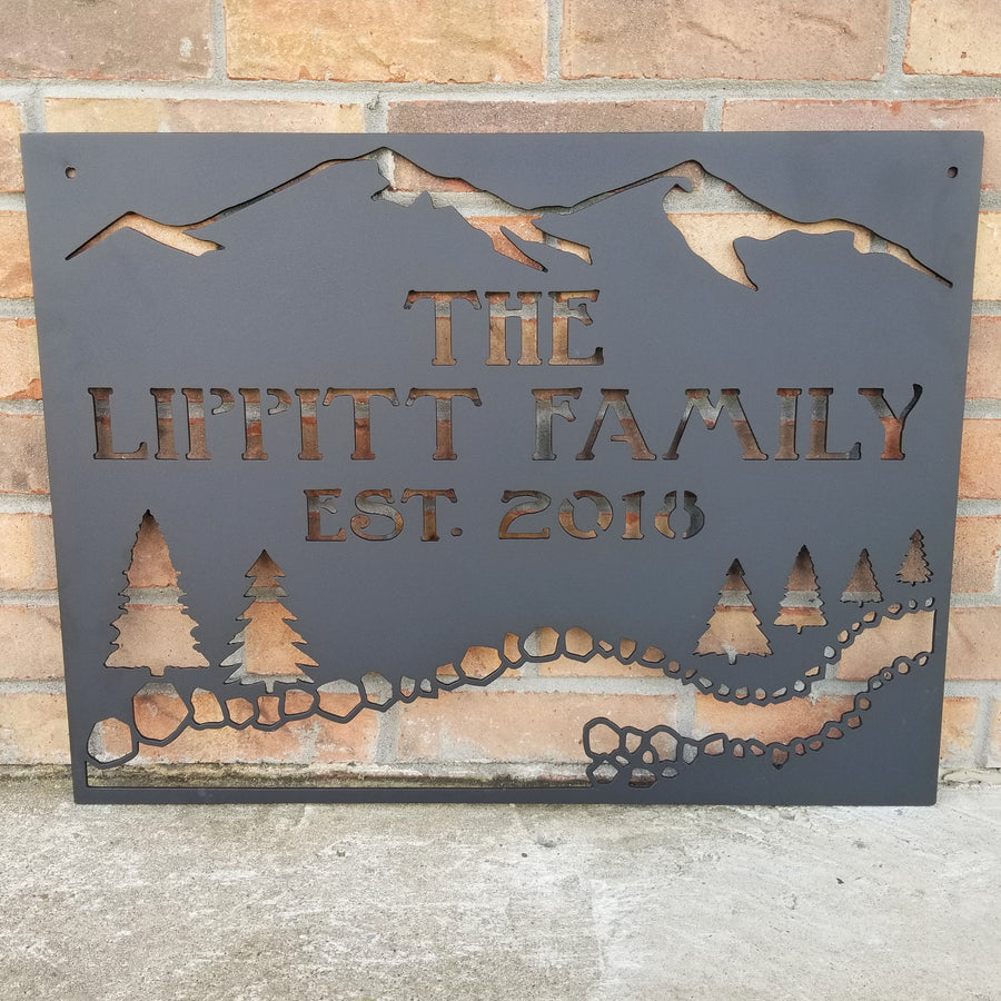 Rustic Mountain Creek Sign - Personalized, Pine Trees, Cabin, Resort, Creek, Mountain, River - Black Powder Coat Finish