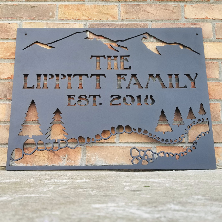 Rustic Mountain Creek Sign - Personalized, Pine Trees, Cabin, Resort, Creek, Mountain, River - Black Powder Coat Finish