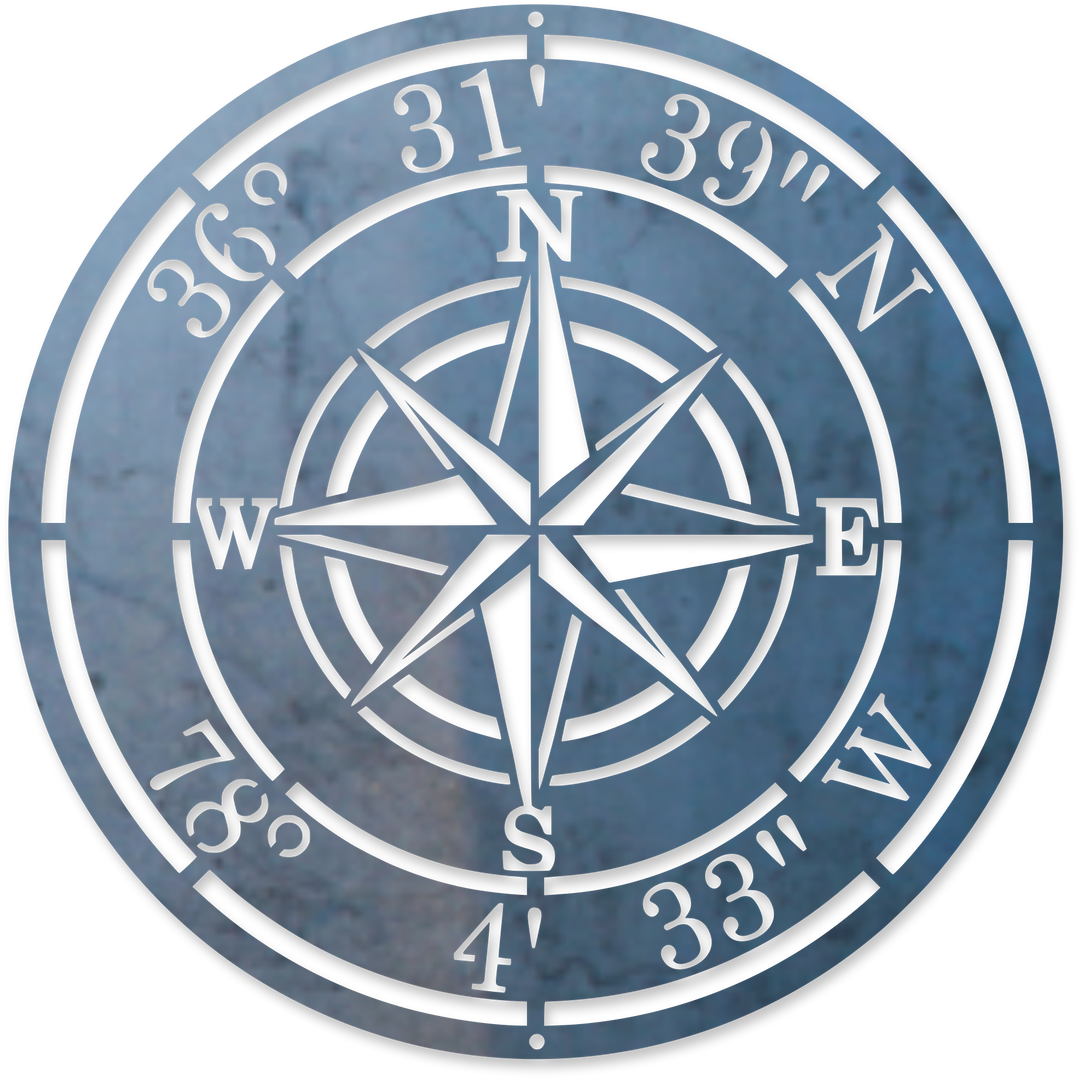Custom metal compass sign with coordinates