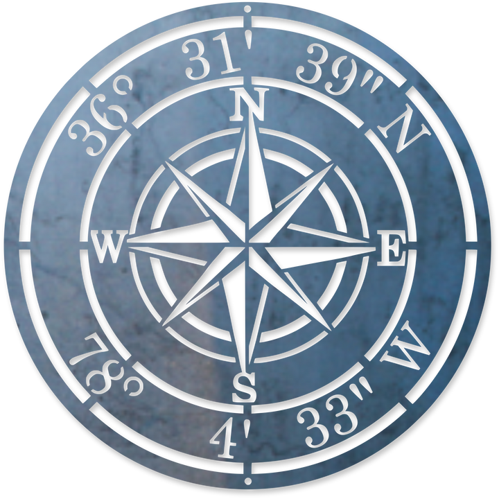 Custom metal compass sign with coordinates