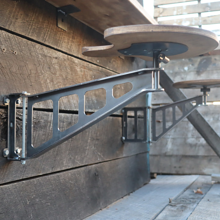 Fold-Down Outdoor Bar Stools – Wall Mounted Patio Seats with Round Wood Tops and Silver Steel Brackets (17.5")