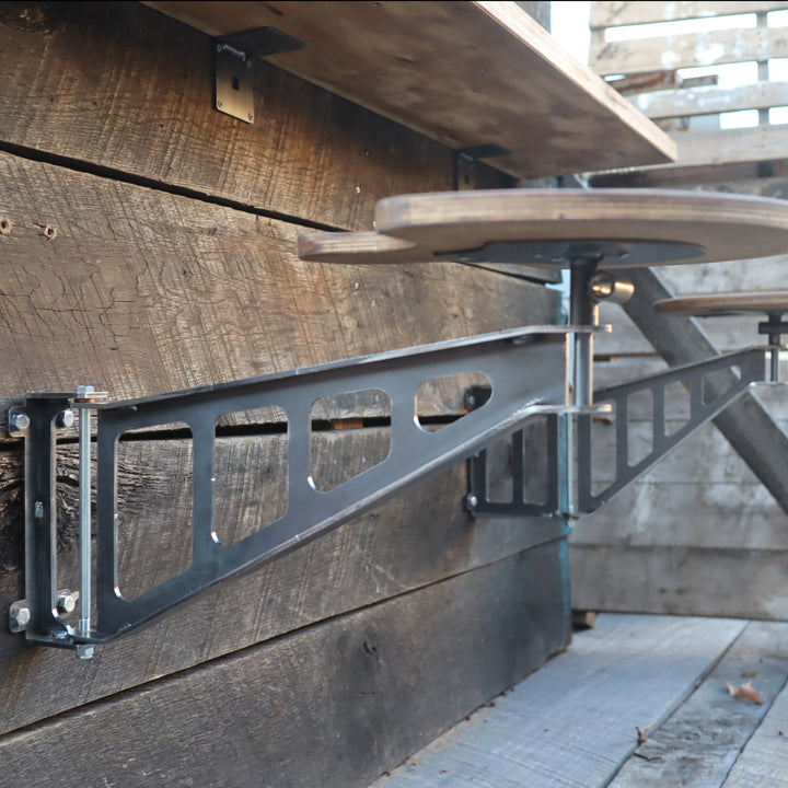 Fold-Down Outdoor Bar Stools – Wall Mounted Patio Seats with Round Wood Tops and Silver Steel Brackets (17.5")