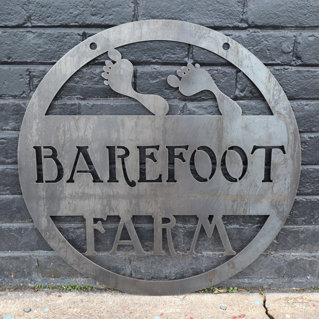 Hanging Metal Barefoot Patio Sign - Outdoor Beach Decor, Personalized Metal Signs, Rustic Interior Decor