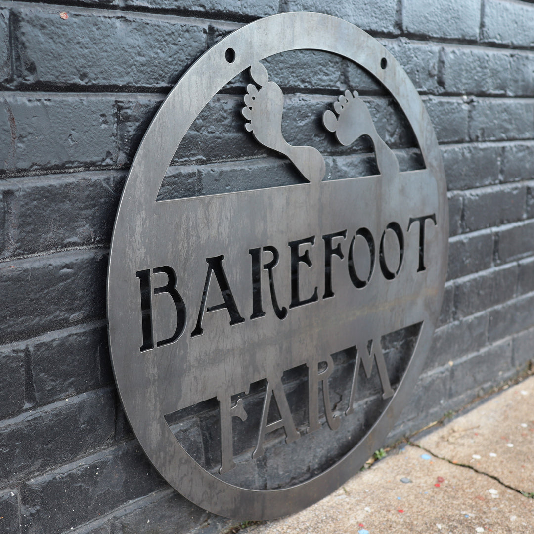 Hanging Metal Barefoot Patio Sign - Outdoor Beach Decor, Personalized Metal Signs, Rustic Interior Decor