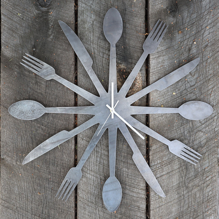 Foodie Metal Clock - Rustic Home Cutlery Wall Art - 24" Diameter with Spoons, Forks, and Knives