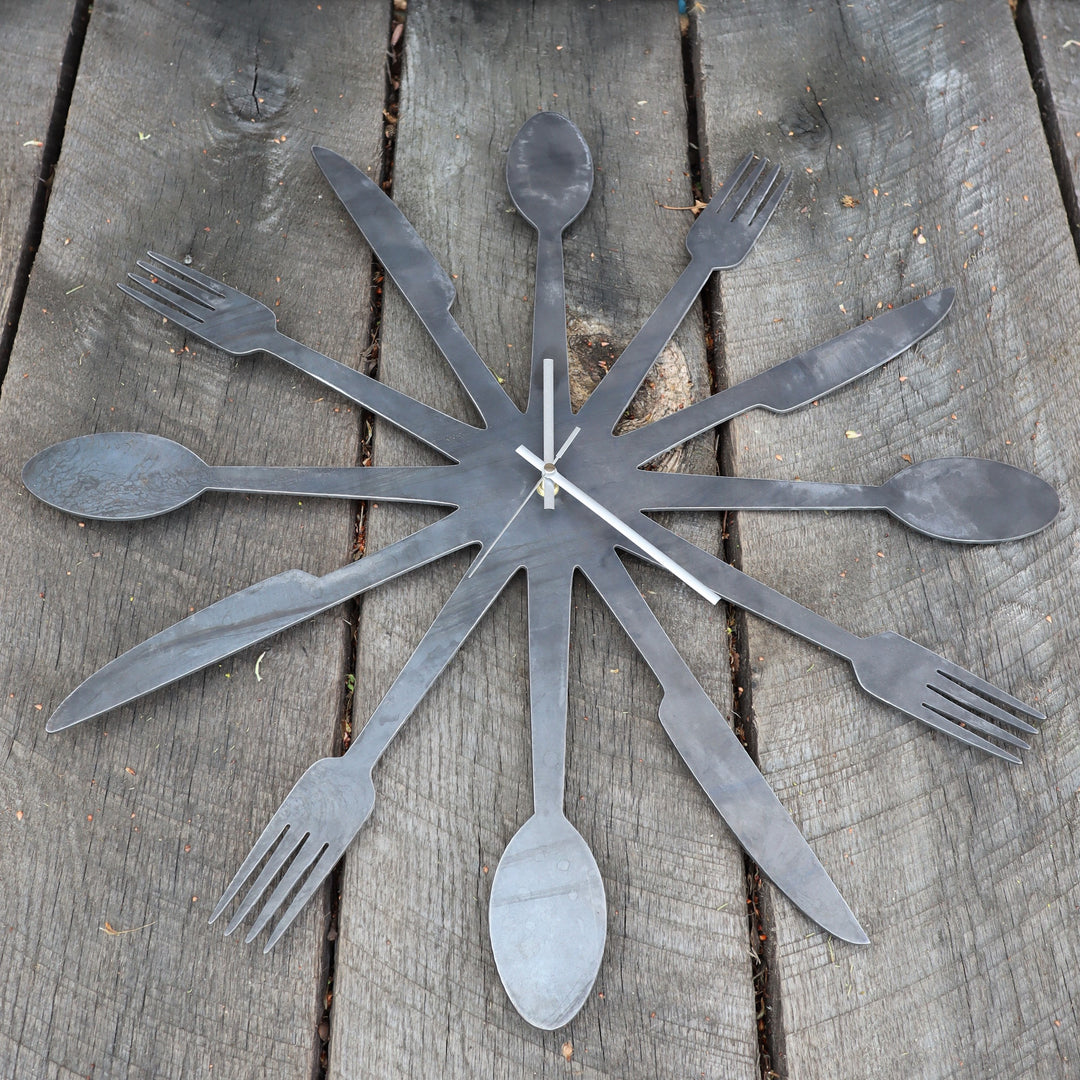 Foodie Metal Clock - Rustic Home Cutlery Wall Art - 24" Diameter with Spoons, Forks, and Knives