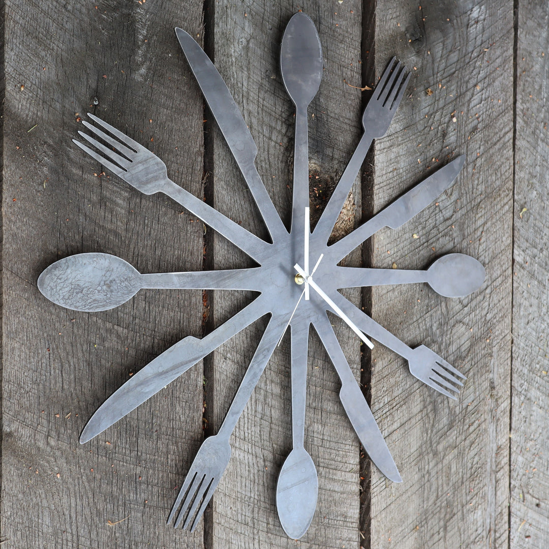 Foodie Metal Clock - Rustic Home Cutlery Wall Art - 24" Diameter with Spoons, Forks, and Knives