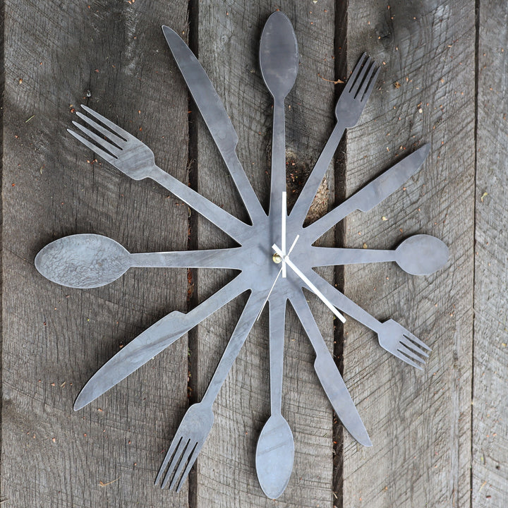 Foodie Metal Clock - Rustic Home Cutlery Wall Art - 24" Diameter with Spoons, Forks, and Knives