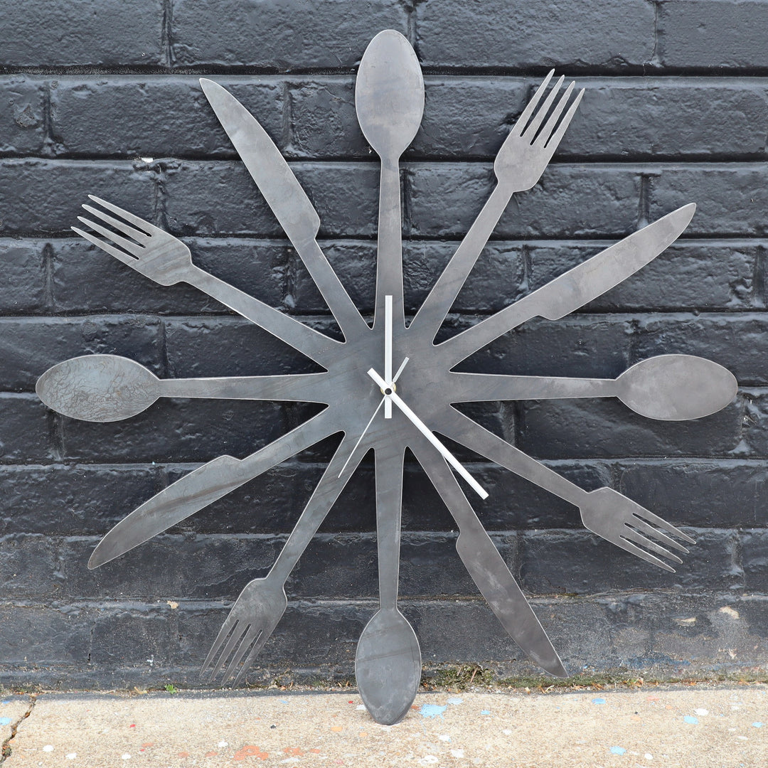 Foodie Metal Clock - Rustic Home Cutlery Wall Art - 24" Diameter with Spoons, Forks, and Knives