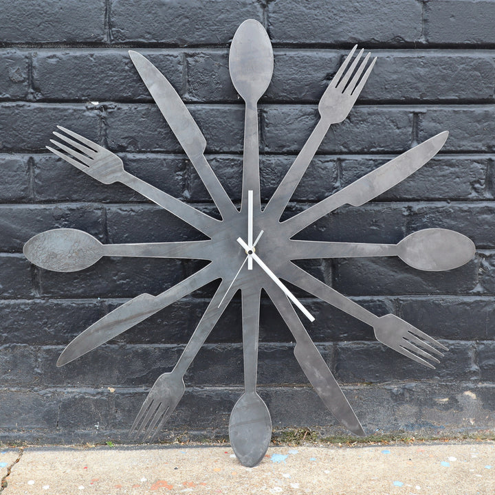 Foodie Metal Clock - Rustic Home Cutlery Wall Art - 24" Diameter with Spoons, Forks, and Knives