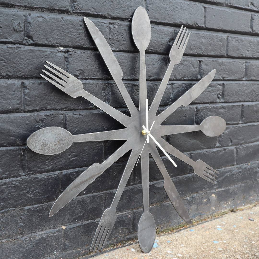 Foodie Metal Clock - Rustic Home Cutlery Wall Art - 24" Diameter with Spoons, Forks, and Knives