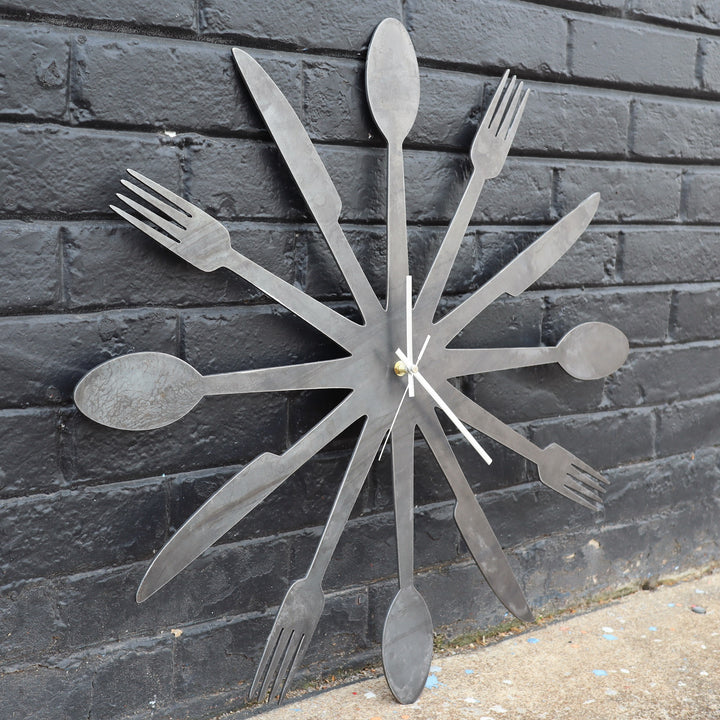 Foodie Metal Clock - Rustic Home Cutlery Wall Art - 24" Diameter with Spoons, Forks, and Knives
