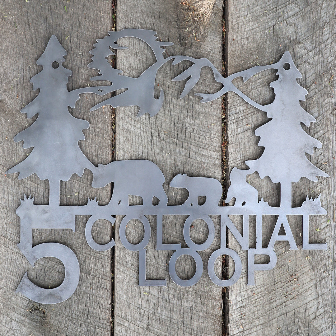 Mountain and Bears Hanging Address Sign - Personalized Street Name and House Number - Hanging Bracket