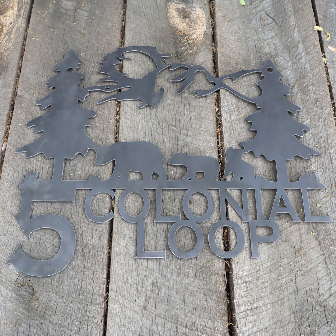 Mountain and Bears Hanging Address Sign - Personalized Street Name and House Number - Hanging Bracket