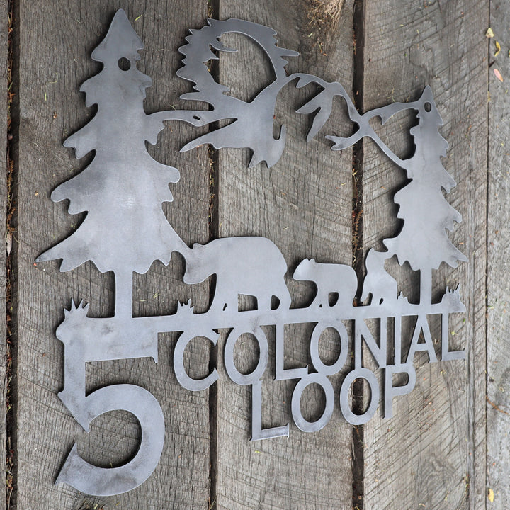 Hanging Mountain Bears Address Sign - Personalized Metal Sign - Pine Trees, Cabin, Lake House Wall Art