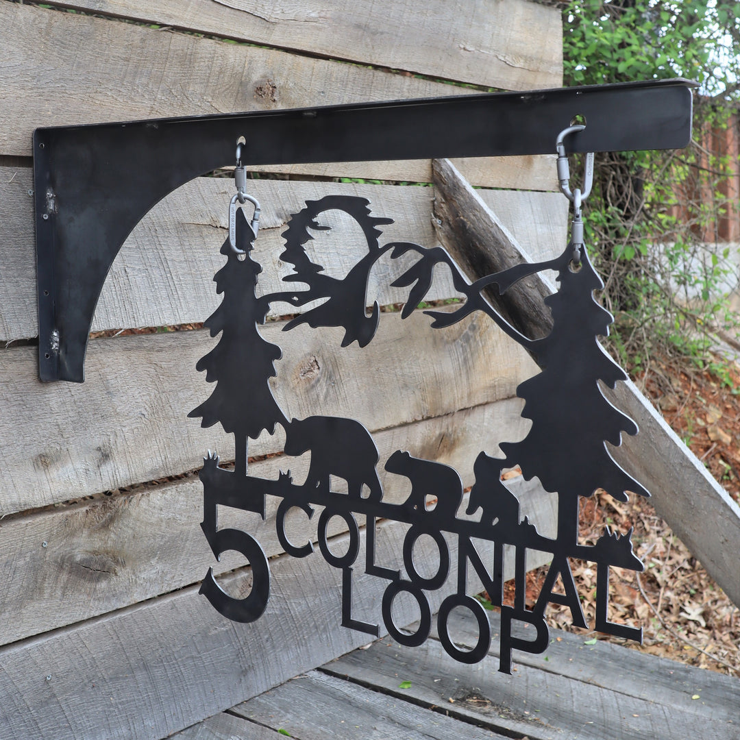 Mountain and Bears Hanging Address Sign - Personalized Street Name and House Number - Hanging Bracket