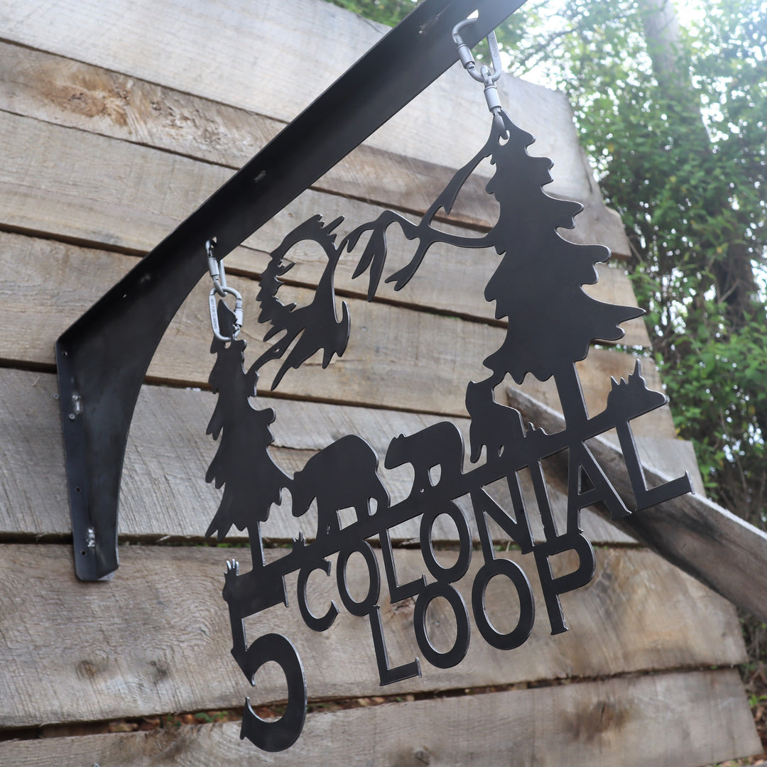 Mountain and Bears Hanging Address Sign - Personalized Street Name and House Number - Hanging Bracket