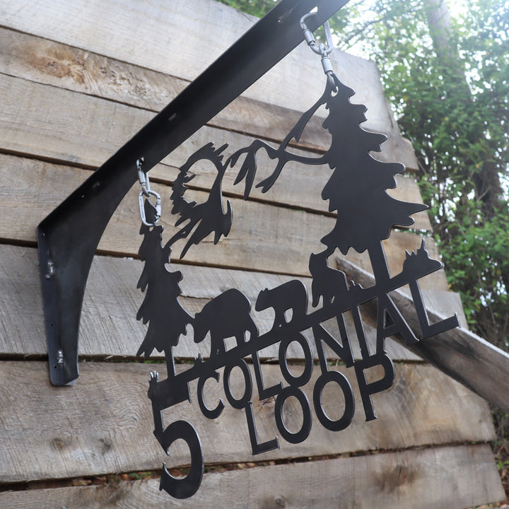 Mountain and Bears Hanging Address Sign - Personalized Street Name and House Number - Hanging Bracket