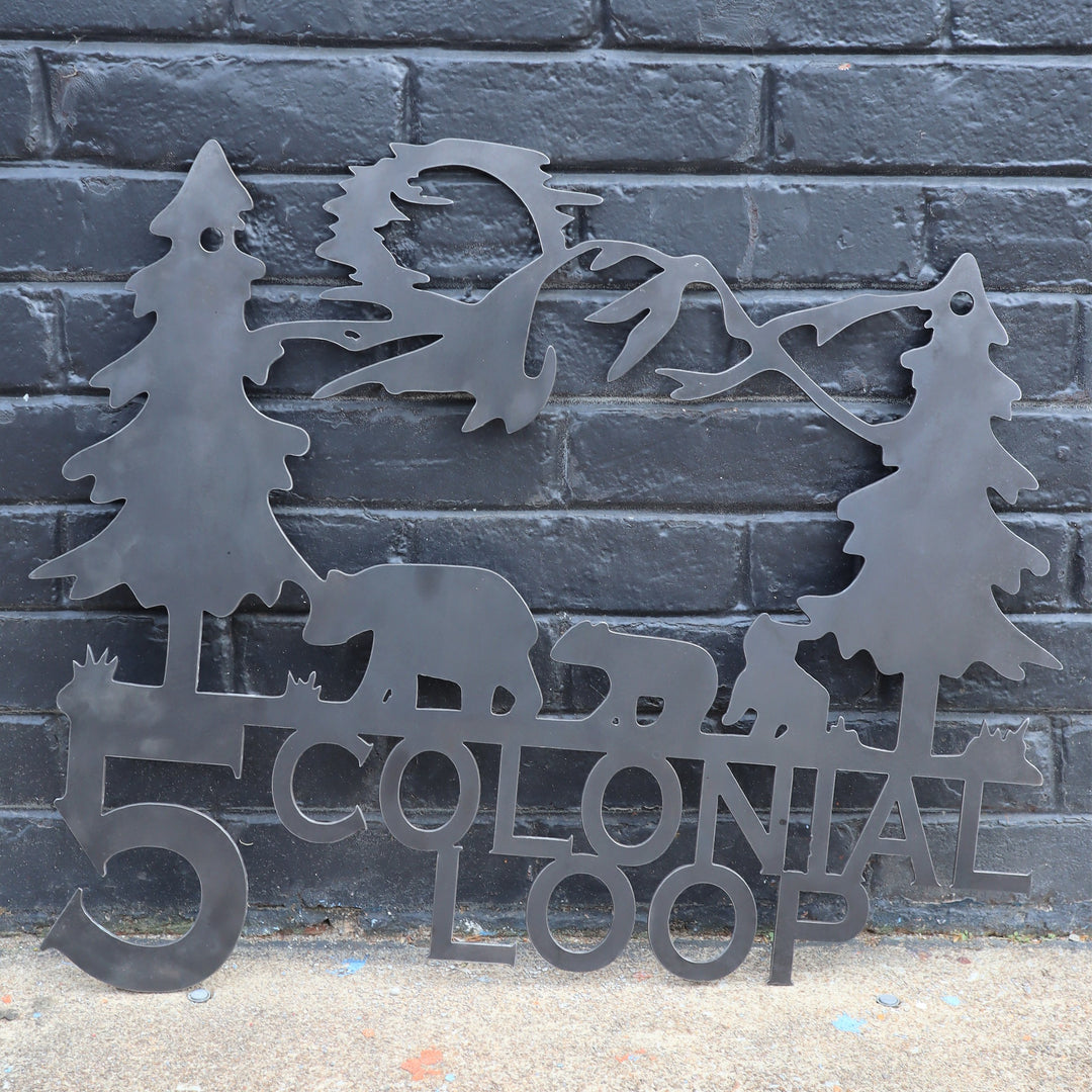Hanging Mountain Bears Address Sign - Personalized Metal Sign - Pine Trees, Cabin, Lake House Wall Art
