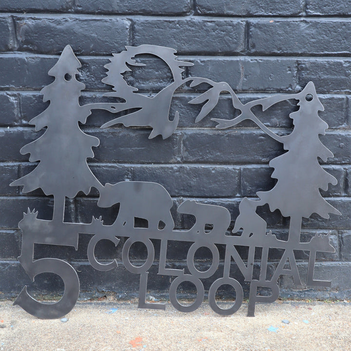 Hanging Mountain Bears Address Sign - Personalized Metal Sign - Pine Trees, Cabin, Lake House Wall Art