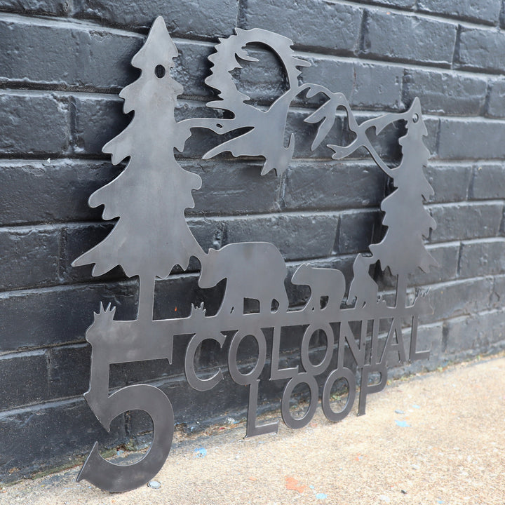 Hanging Mountain Bears Address Sign - Personalized Metal Sign - Pine Trees, Cabin, Lake House Wall Art