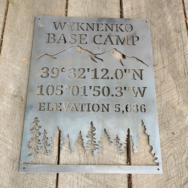 Personalized Metal Cabin Sign with Coordinates – Custom Mountain & Trees Outdoor Decor
