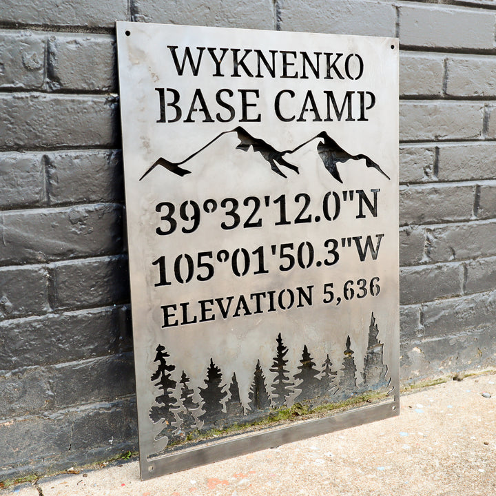 Custom coordinates metal wall art for mountain retreat