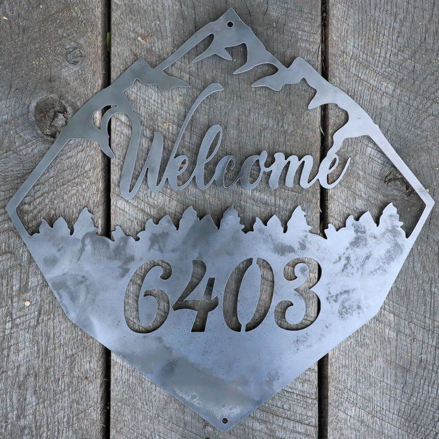 Rustic Welcome Sign - Metal Address House Number - Mountain and Forest Decor