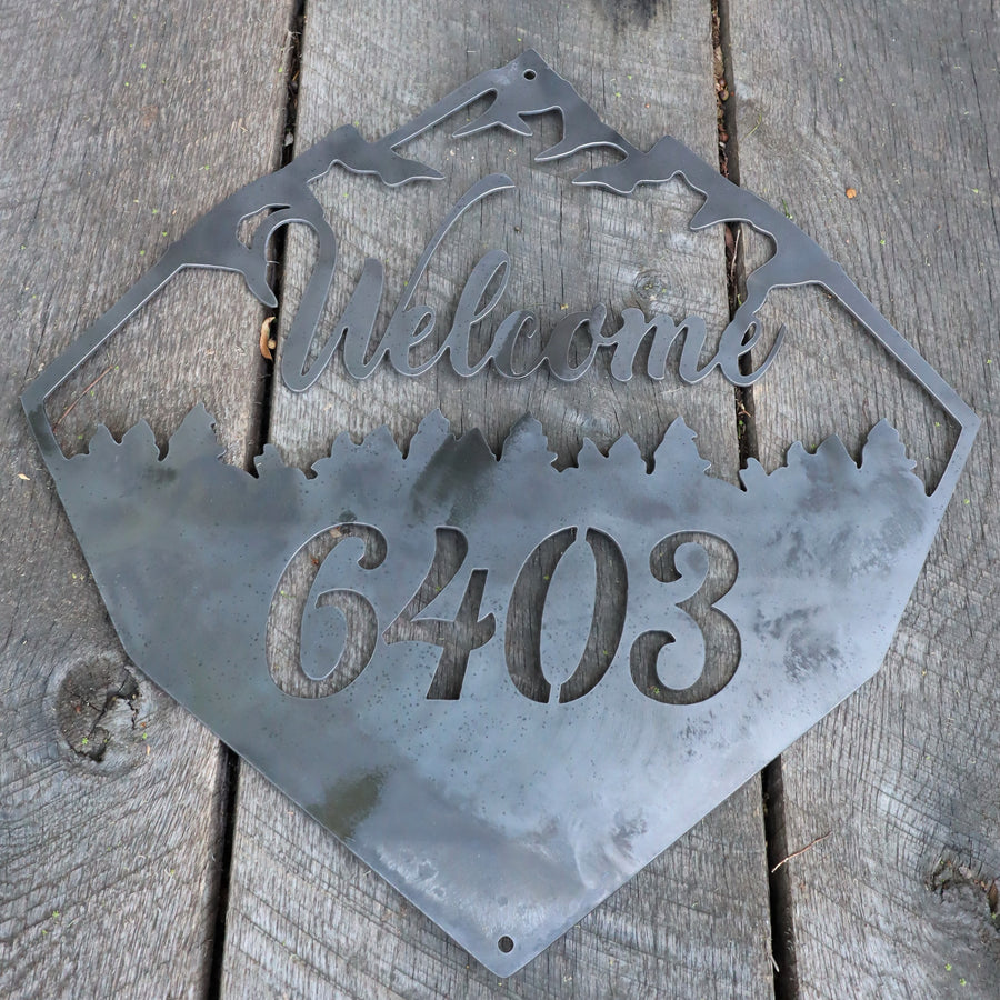Rustic Welcome Sign - Metal Address House Number - Mountain and Forest Decor