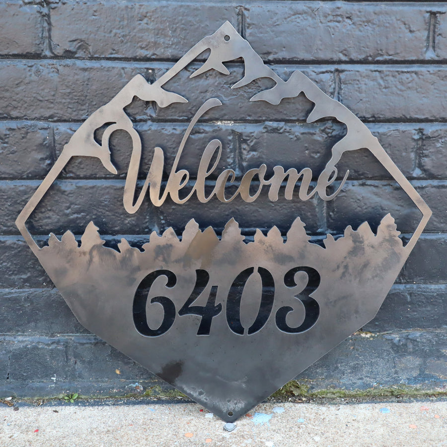 Rustic Welcome Sign - Metal Address House Number - Mountain and Forest Decor