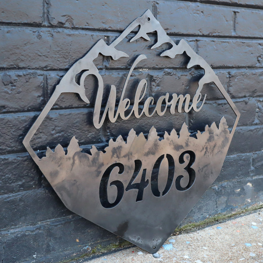 Rustic Welcome Sign - Metal Address House Number - Mountain and Forest Decor