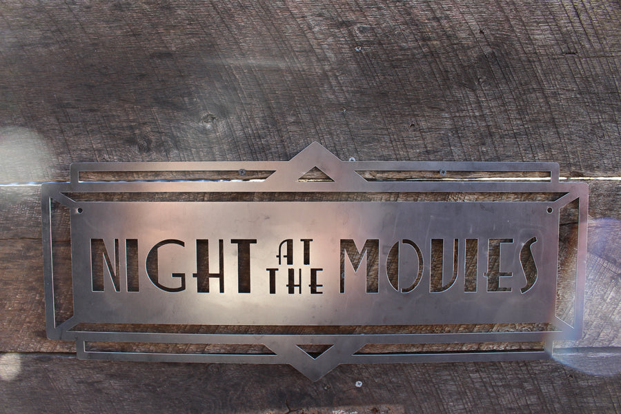 Night at The Movies Art Deco Marquee Sign - Vintage Metal Cinema Decor - Home Theater Wall Art - Movie Room - Retro Film Art - Free Shipping