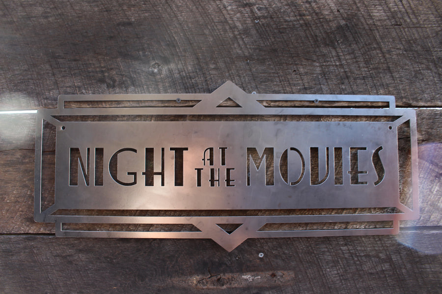 Night at The Movies Art Deco Marquee Sign - Vintage Metal Cinema Decor - Home Theater Wall Art - Movie Room - Retro Film Art - Free Shipping