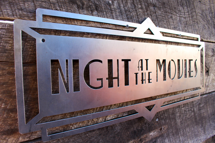 Night at The Movies Art Deco Marquee Sign - Vintage Metal Cinema Decor - Home Theater Wall Art - Movie Room - Retro Film Art - Free Shipping