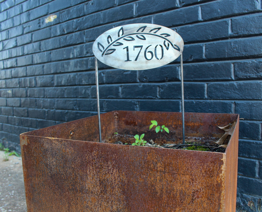 Personalized Address Stake - Custom House Number - Metal Floral Address Sign - Round Oval Address Marker - Planter Decoration