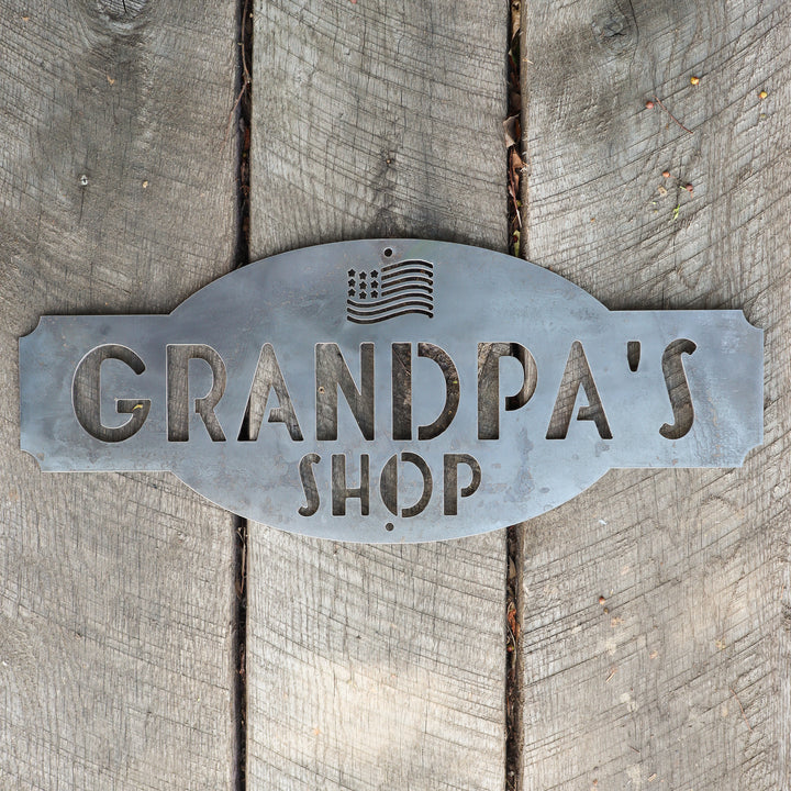 Grandpa's Shop - Personalized American Flag Metal Shop Sign