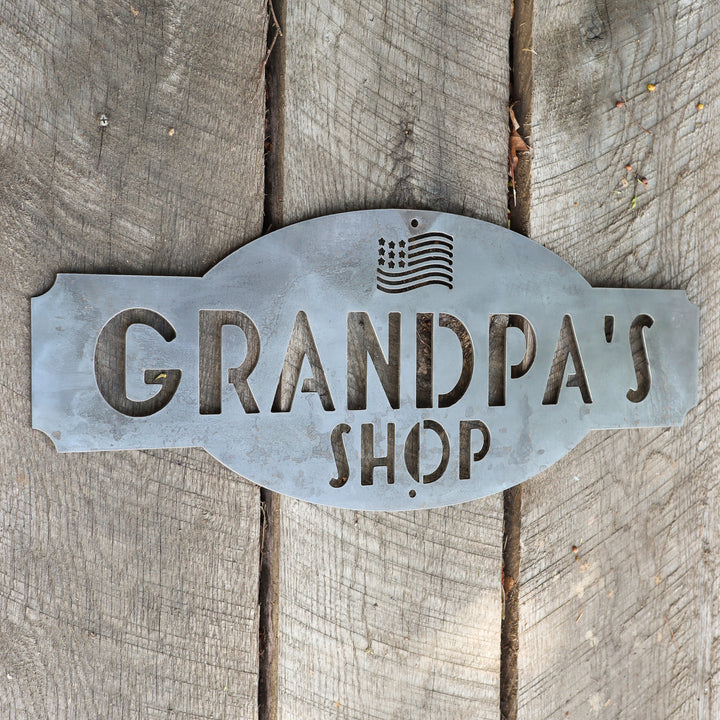 Grandpa's Shop - Personalized American Flag Metal Shop Sign