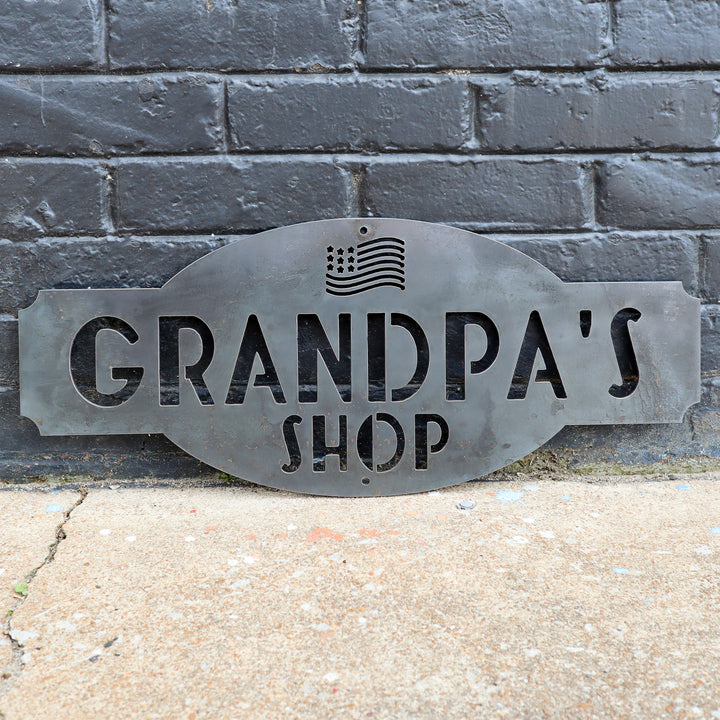 Grandpa's Shop - Personalized American Flag Metal Shop Sign