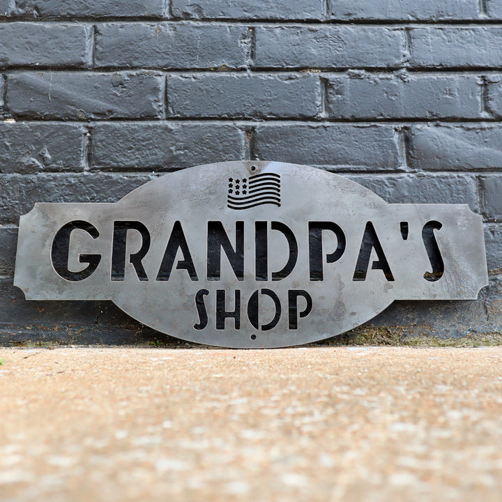 Grandpa's Shop - Personalized American Flag Metal Shop Sign